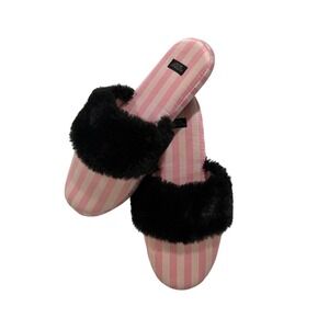 Victoria's Secret Pink Stripe Black Faux Fur Slide Slippers M 7/8